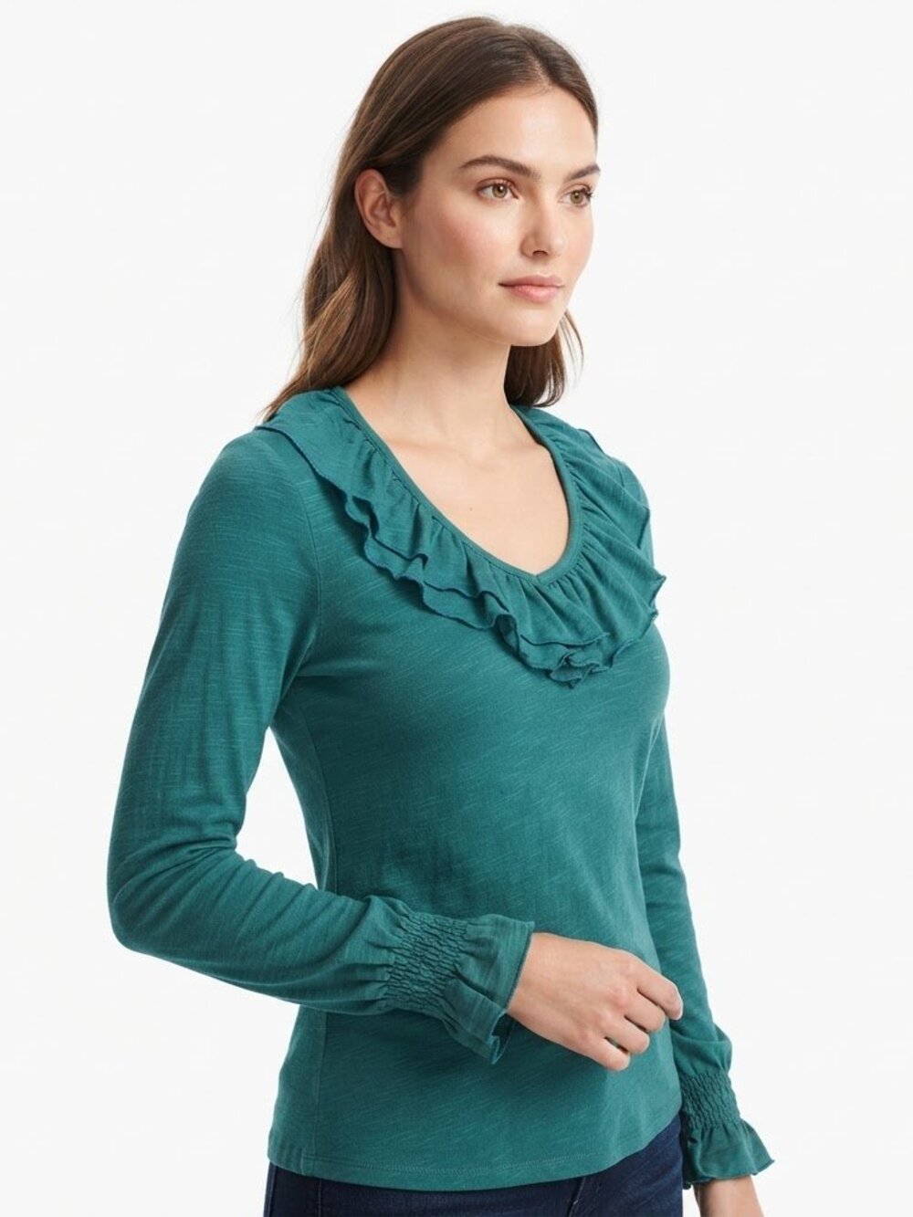 Terra & Sky Green Long Sleeve Ruffle Collar Top Plus Size 0X 14W